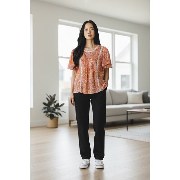 Nanette Lepore Floral Paisley Crochet Lace Flutter Sleeve Top Orange Size Medium - Picture 1 of 10